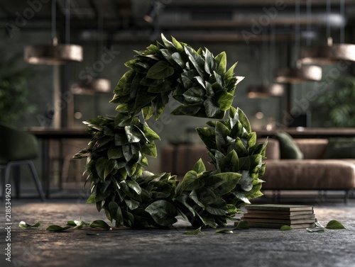 Recycling symbol made of natural leaves, in a contemporary open-plan workspace, dramatic cinematic lighting, cinematic photorealistic style, perfect for business website
