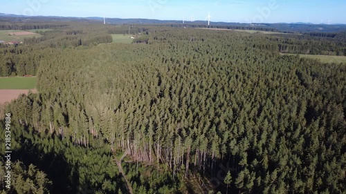 Drone flight over a vast green forest and surrounding rural countryside, with fields and distant landscape stretching toward the horizon on a bright sunny day.