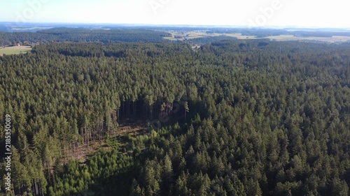 Drone flight over a vast green forest and surrounding rural countryside, with fields and distant landscape stretching toward the horizon on a bright sunny day.
