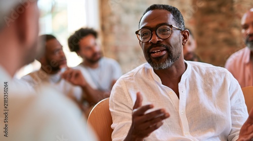 A diverse group of men sits in a circle sharing thoughts on mental health
