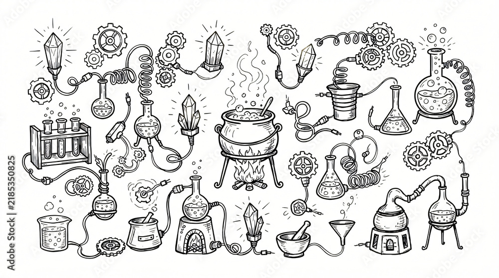 Fototapeta premium Seamless Pattern Halloween Technical Doodle Art Detailed Line Drawing Spooky Jack Lantern Pumpkin Microchip Bat Electrical Wire Cobweb Potion Bottle Circuit Track Clean Contour Plain White