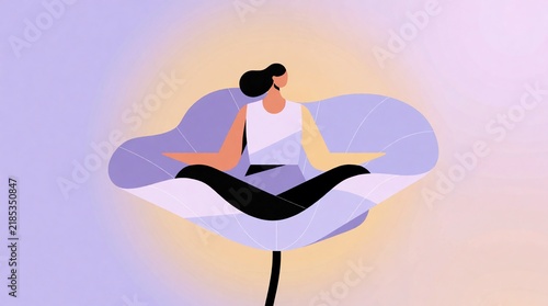 Woman meditating in lotus pose on a stylized flower, zen wellness and mindfulness concept
