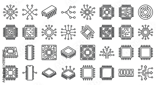 Bild auf Leinwand A collection of linear vector icons representing computer processors, microchips, and electronic circuit components