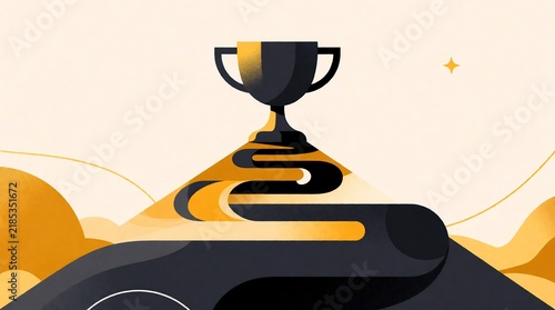 Golden trophy cup on a winding road path, concept of business success and achievement.