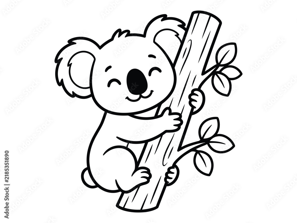 Fototapeta premium Cute cartoon koala bear hanging on a tree branch black and white line art coloring page illustration