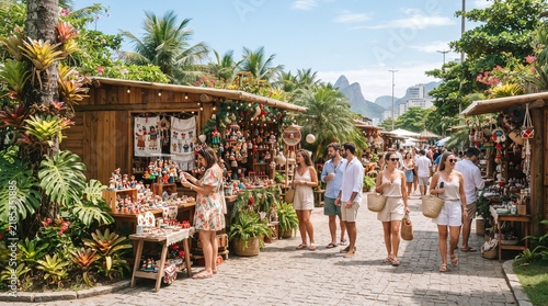 Sunny Brazilian outdoor market with people browsing handmade crafts and souvenirs