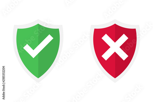 Cuadro en lienzo Green shield with check mark and red shield with cross mark icons for validation
