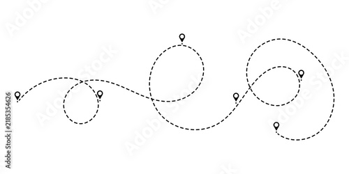 Dashed travel route line with location pin markers showing a journey path on a map