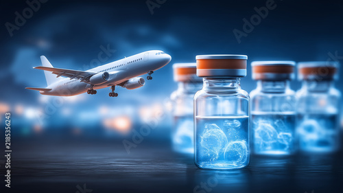 An airplane flies beside medical vials to represent vaccine transport pharmaceutical logistics and global healthcare distribution.
