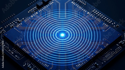 Microchip emitting glowing blue circular signal waves on a dark circuit board background.