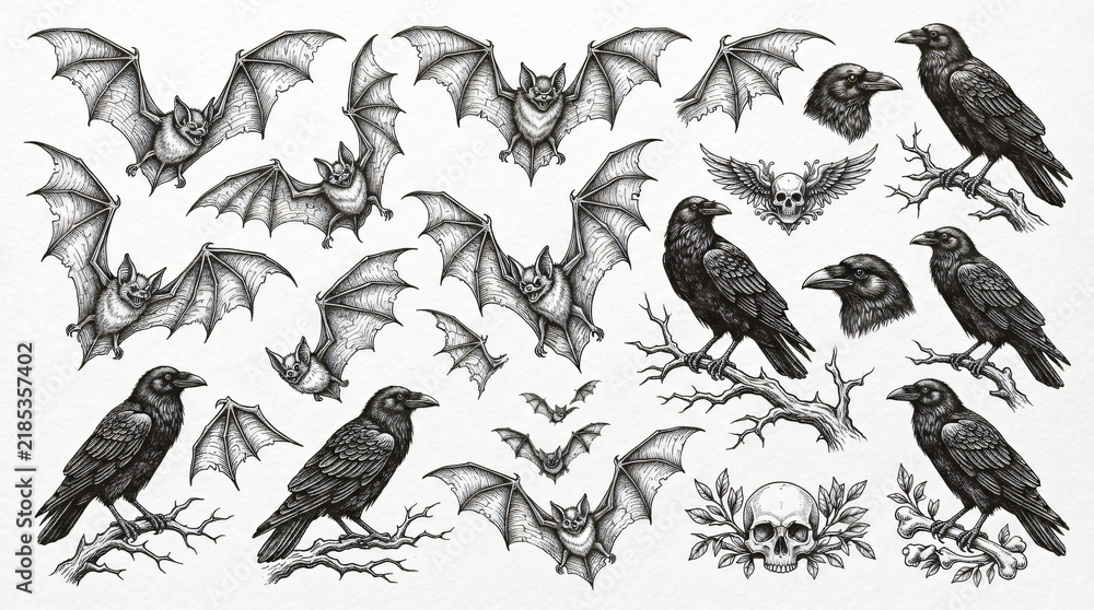 Obraz premium Spooky Halloween Bat Raven Graphic Collection Hand Drawn Line Art Flying Bat Textured Wing Gothic Perched Raven Sharp Claw Realistic Engraving Shading Black Ink White Background Asset