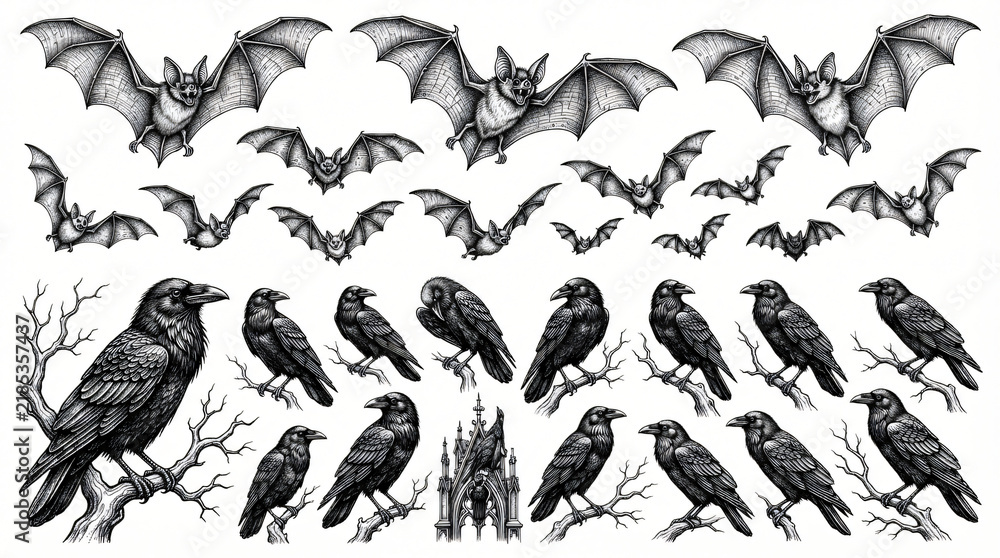Obraz premium Spooky Halloween Bat Raven Graphic Collection Hand Drawn Line Art Flying Bat Textured Wing Gothic Perched Raven Sharp Claw Realistic Engraving Shading Black Ink White Background Asset