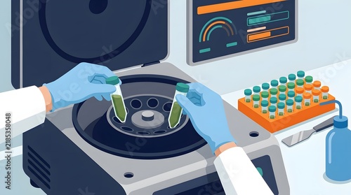 scientist hands in gloves loading test tubes into centrifuge machine in laboratory