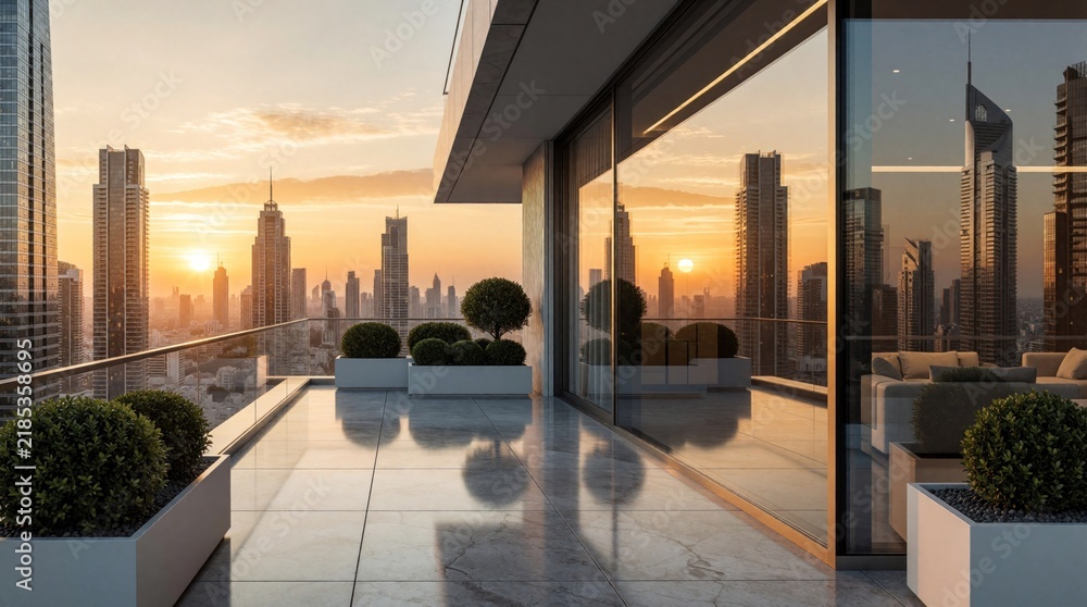 Fototapeta premium Modern penthouse terrace offers panoramic city skyline view at sunset. Luxurious balcony with planters overlooking tall skyscrapers and urban landscape. Elegant city living space.
