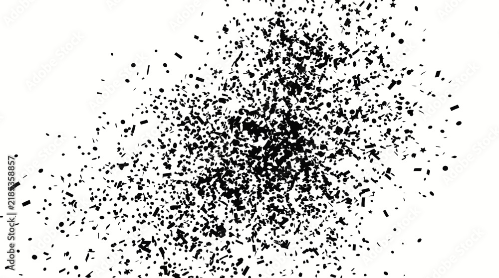 Obraz premium A dynamic abstract composition of scattered black dots creates a sense of chaotic energy and movement against a white backdrop.