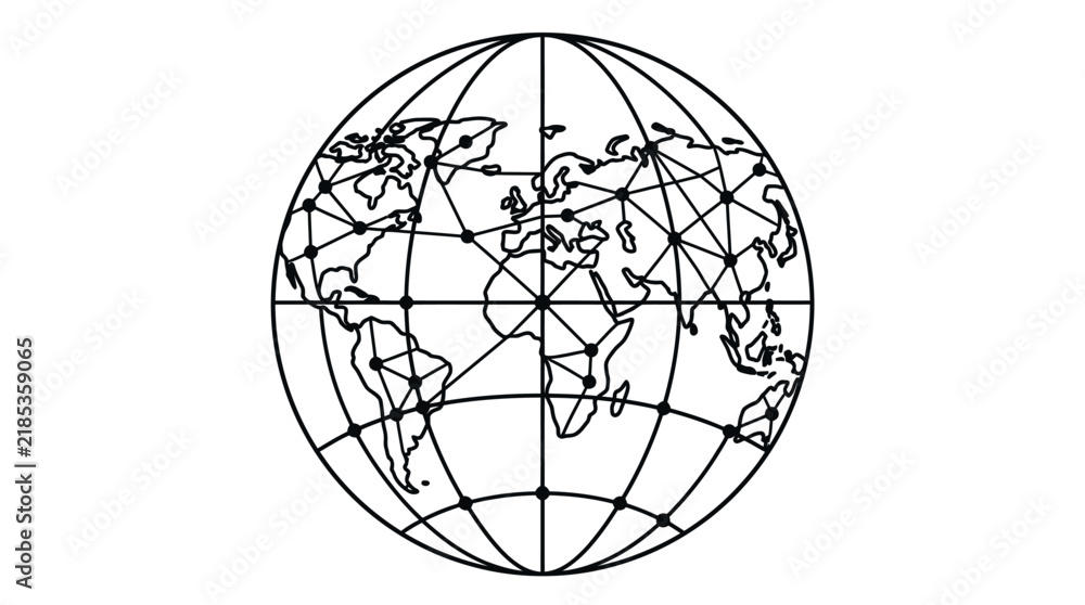 Obraz premium Globe with intricate network of connecting lines represents global connectivity and data flow in a minimalist design.