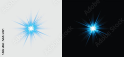Bright blue starburst light effect isolated on transparent background for graphic design