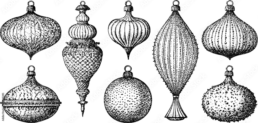 Obraz premium Antique engraved collection of christmas teardrop and globe baubles isolated on white for vintage holiday ornament design and packaging