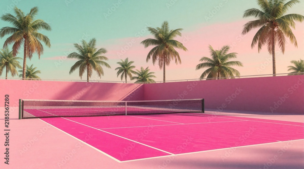 Obraz premium Pink tennis court with palm trees under pastel sky. Modern sport aesthetic with summer vacation vibes. Bright, playful design invites recreation and leisure.