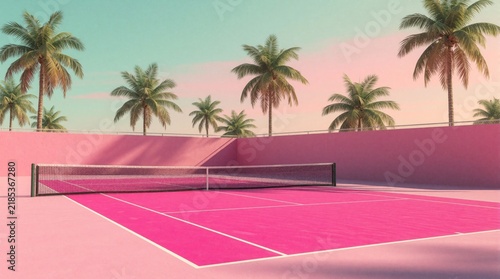 Pink tennis court with palm trees under pastel sky. Modern sport aesthetic with summer vacation vibes. Bright, playful design invites recreation and leisure.