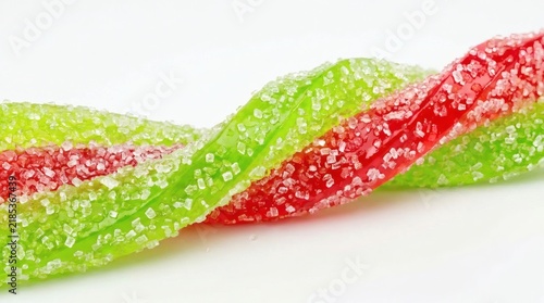 Extreme close up of sugar coated sour candy belt in vibrant neon green and red tones