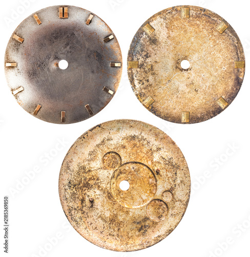 Isolated photo of steel vintage worn clock or watch face on white background.
