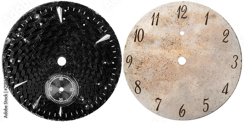 Isolated photo of black fiberglass worn tactical clock or watch face on white background.