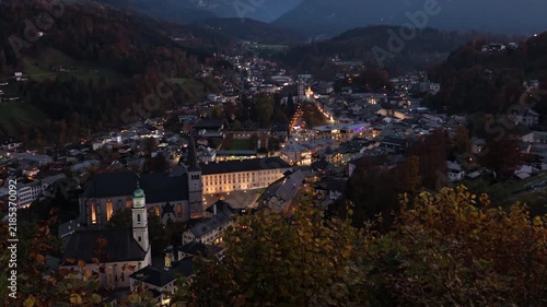 Day to night aerial hyper lapse old town Berchtesgaden at autumn, Bavaria, Germany.
