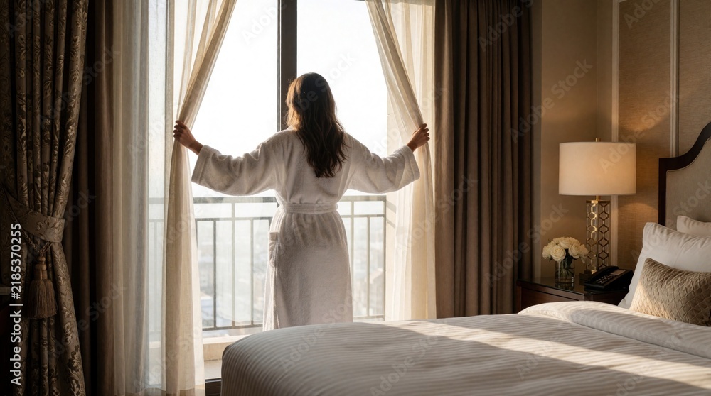 Fototapeta premium Woman in white bathrobe opens hotel room curtains. Morning sunlight streams into luxury bedroom. She looks out window, starting her day with peace and quiet.