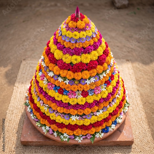 traditional bathukamma floral stack for telangana festival celebration - ai generated