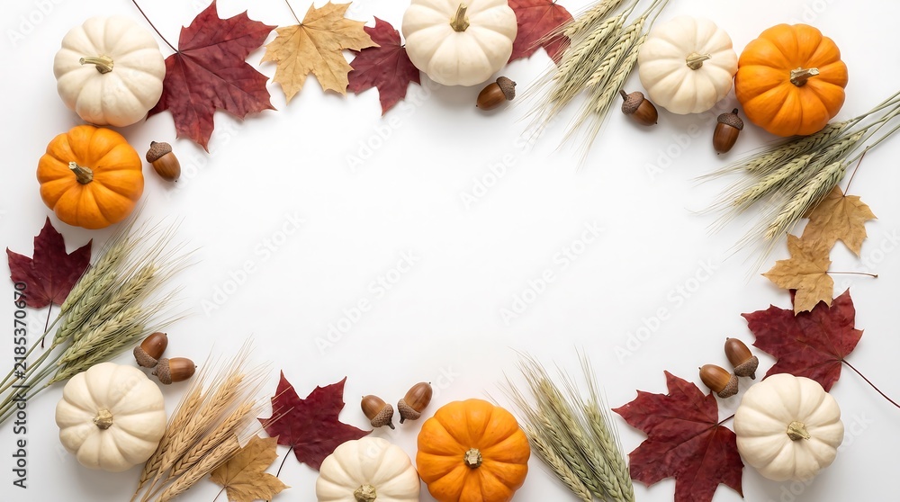 Fototapeta premium Autumn harvest frame with pumpkins, wheat, acorns, and fall leaves isolated on white background