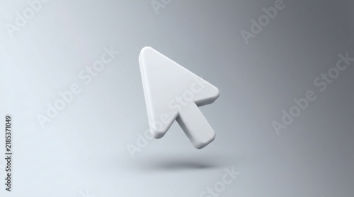 Minimalist 3D white mouse cursor arrow floating over a soft grey gradient background