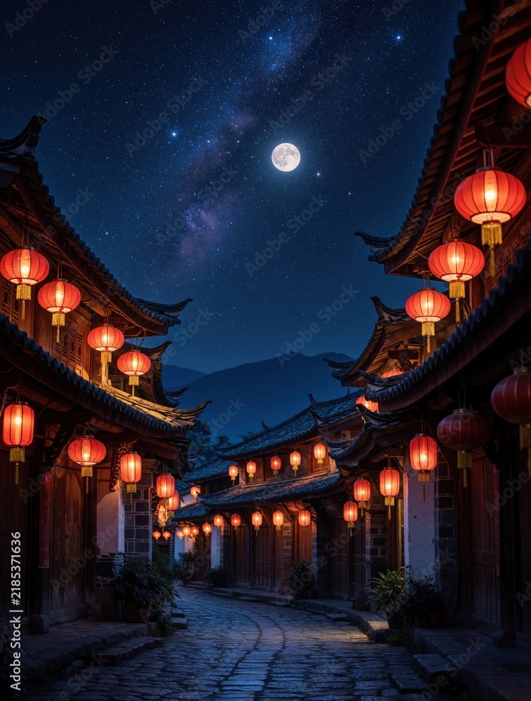 Fototapeta premium Traditional Chinese old town street at night under bright full moon, milky way. Red lanterns hang from wooden house roofs along stone path. Beautiful oriental architecture with mountain view in