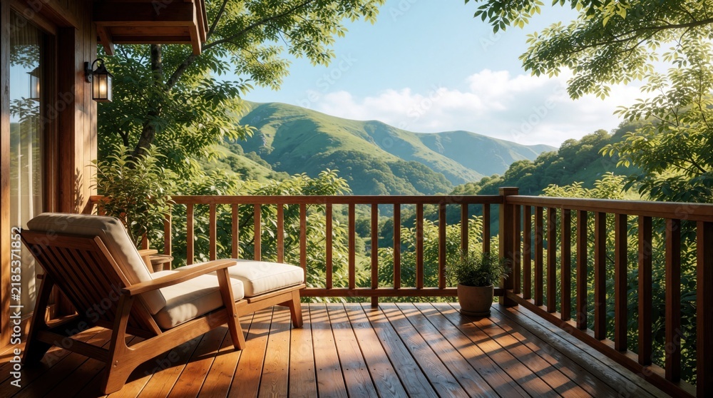 Fototapeta premium Cozy wooden balcony features comfortable lounge chair with soft pillows. View of scenic green mountains, rich forest from private terrace. Relax on deck during summer vacation at luxury mountain