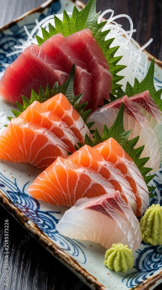 Obraz premium Assorted sashimi platter with fresh tuna, salmon, white fish slices. Raw seafood served on ceramic plate with green shiso leaves, wasabi, radish. Japanese cuisine meal prepared in restaurant for