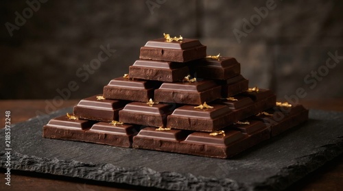 Gourmet dark chocolate squares stacked with edible gold leaf flecks on a rustic slate surface, luxury dessert concept