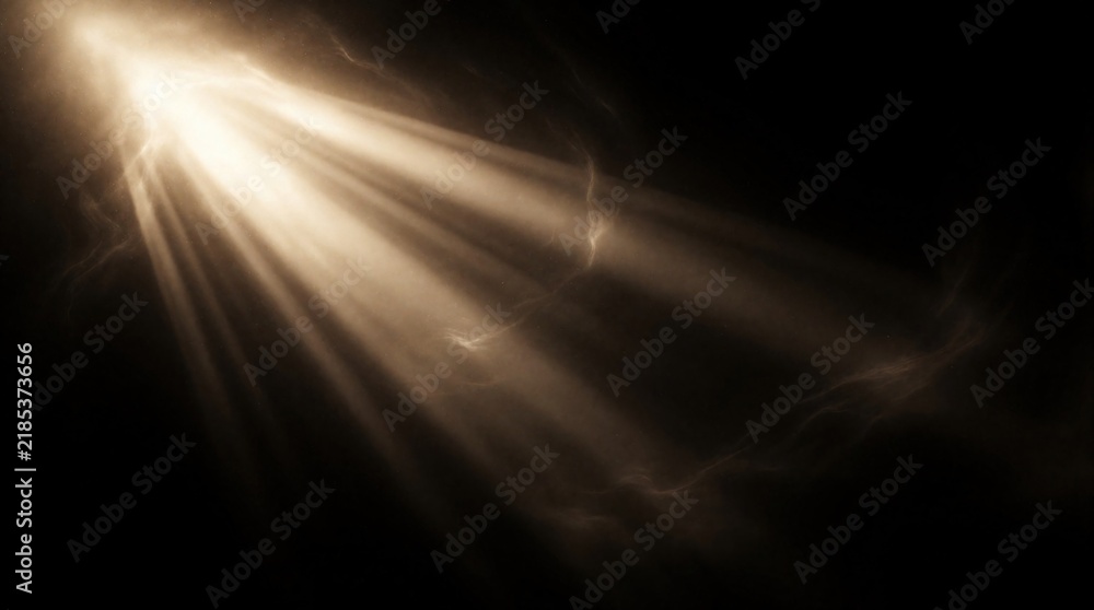 Obraz premium Golden light beams pierce dark space creating ethereal wisps and subtle glows. Abstract rays cut through shadow with smoky textures, a divine or cosmic effect for backgrounds.