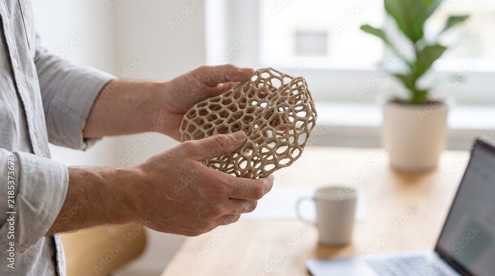 Obraz premium Designer examining a 3D-printed lattice component in a bright studio