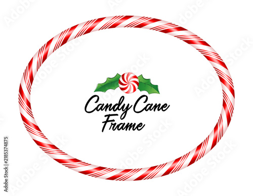 Candy Cane Picture Frame, red and white stripe peppermint oval Christmas clip art in glossy style. Sweet tooth illustration for holiday decorations, posters, cards, planners, invitations.
