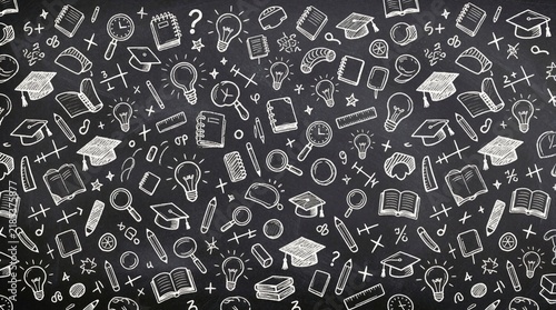 Education doodles, like books, lightbulbs, graduation caps, fill blackboard. This background artwork represents learning, study, academic concepts with hand-drawn chalk style elements for school.