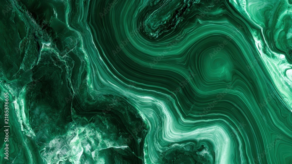 Obraz premium A polished malachite surface displays green banded patterns with a natural stone backdrop. The image has space for text or design elements.