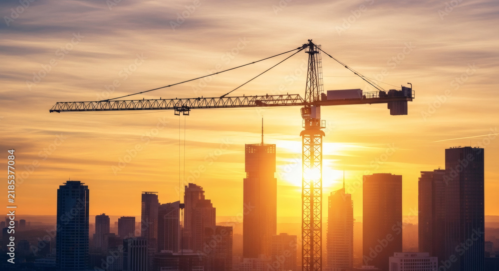 Obraz premium Construction crane silhouette standing over a modern city skyline during a golden sunset with bright orange glowing evening sky