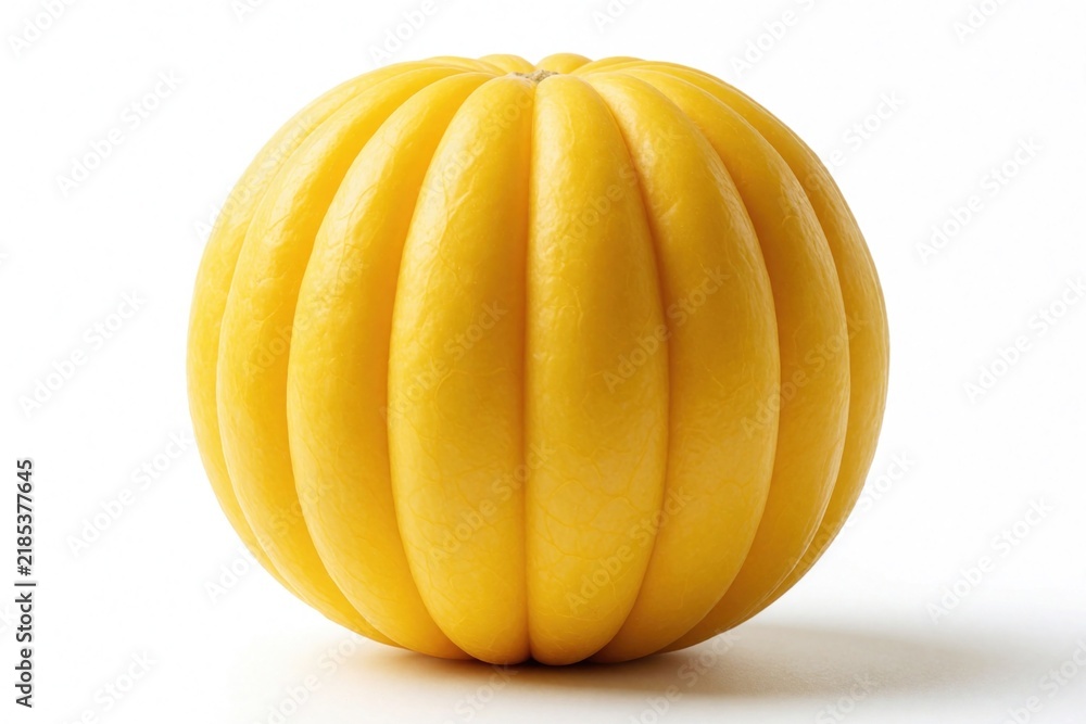 Obraz premium Whole fresh yellow canary melon with smooth ribbed texture on white background. Ripe tropical fruit looks juicy, delicious. Organic summer produce for healthy diet, vegetarian snack sweet dessert