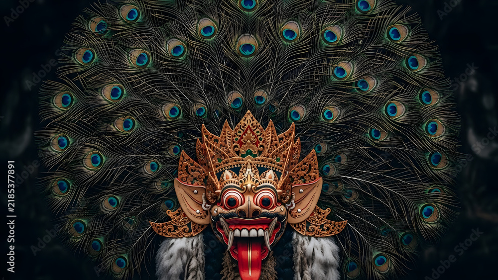 Fototapeta premium Traditional Balinese Masked Dancer with Ornate Peacock Feather Headdress against Dark Background