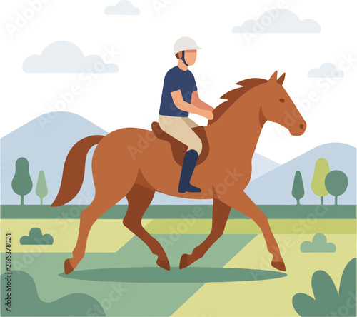 Vector illustration of man riding brown horse outdoors in green landscape.
