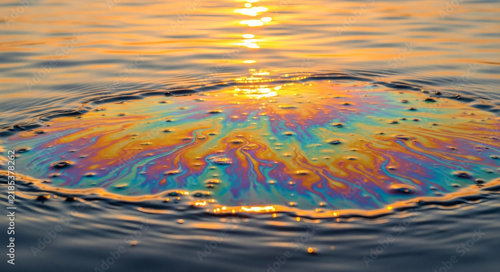 Obraz premium Oil slick floating on calm water surface creating iridescent rainbow colors reflecting golden sunset light in a detailed environmental shot