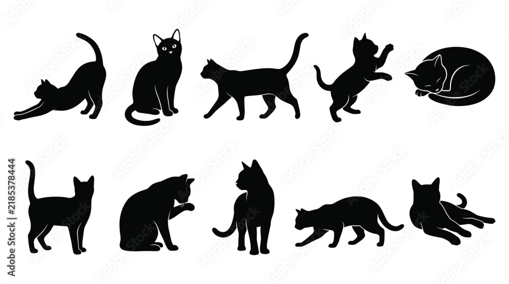 Obraz premium Domestic and Wild Animal Silhouettes Vector Set with Dog, Cat, Horse, Cow, Sheep and Tiger Icons for Pet, Farm, Nature and Wildlife Design