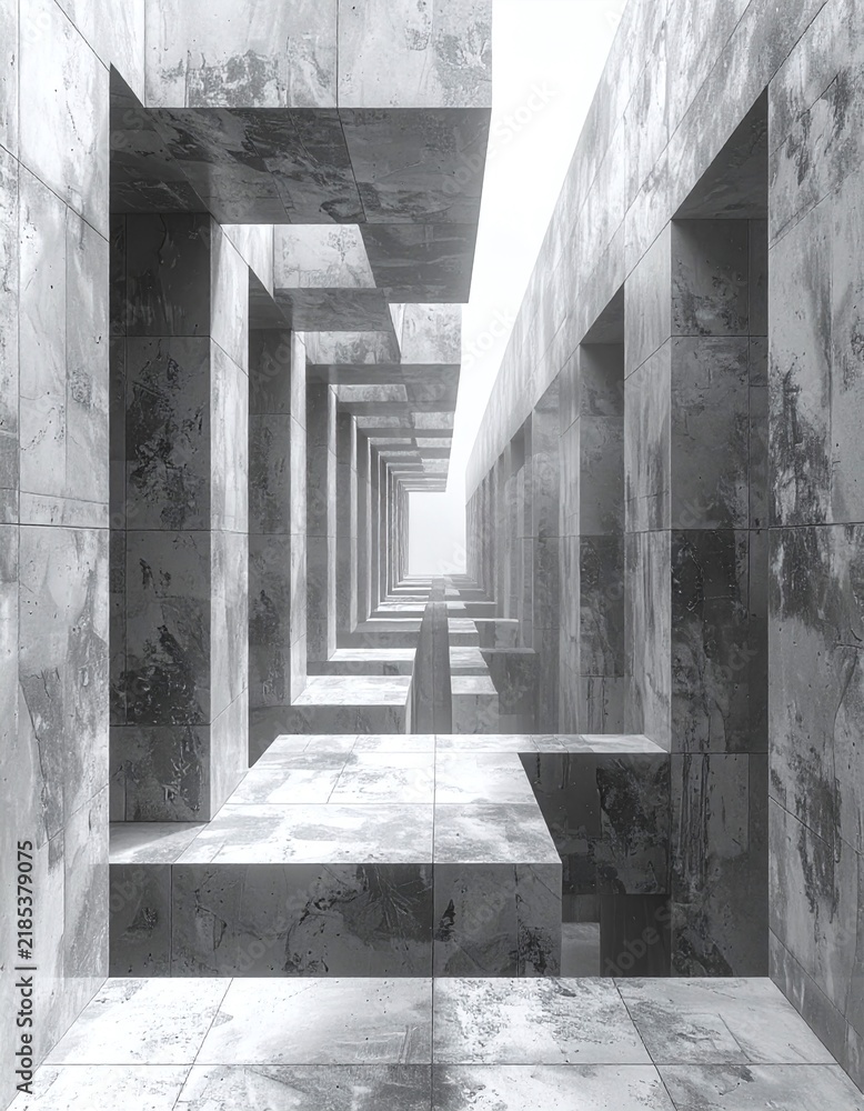 Obraz premium Abstract brutalist concrete structure creating a surreal geometric corridor towards bright light. Modern minimalist architectural concept evoking mystery with nobody present.