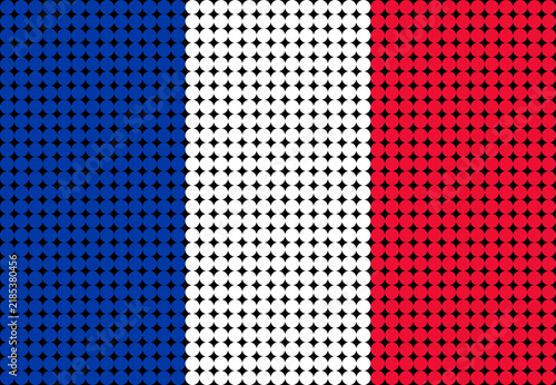 France flag design made of dot pattern circles in blue, white, and red stripes. Ideal halftone texture for national day, sports event, and patriotic banner design