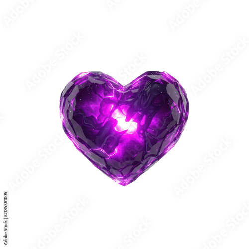 luminous, violet and magenta crystallized conceptual heart radiating a powerful magical glow, surrounded by shimmering diamond dust bokeh on white. concept of ultimate romance and potent enchantment